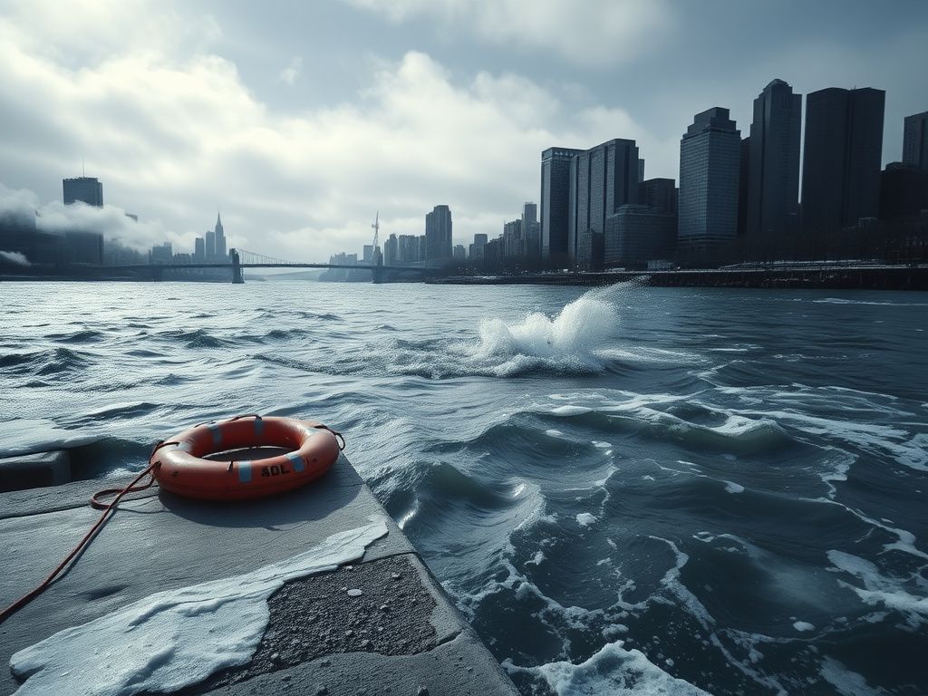 Flick International Dramatic scene of the Harlem River with swirling currents and patches of ice signifying a recent rescue effort