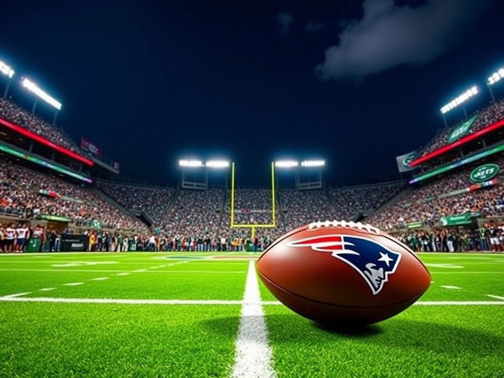 Flick International A football sitting on the 50-yard line of a stadium during a night game.