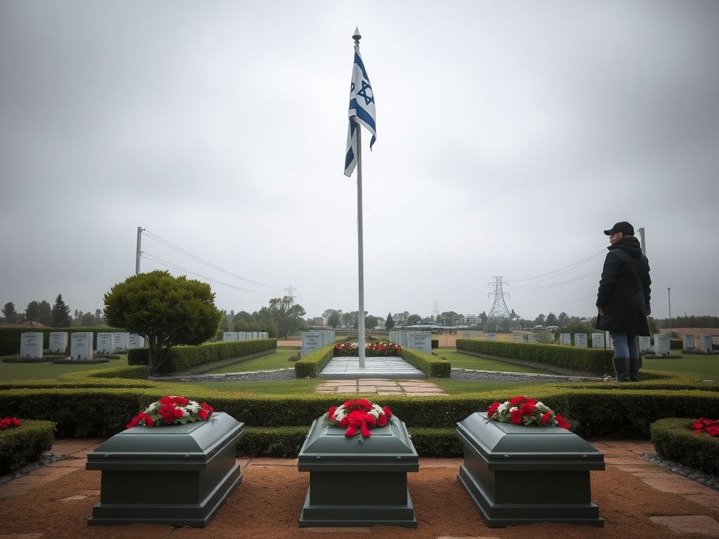 Flick International Three identical military coffins at a somber ceremony site with an Israeli flag at half-mast