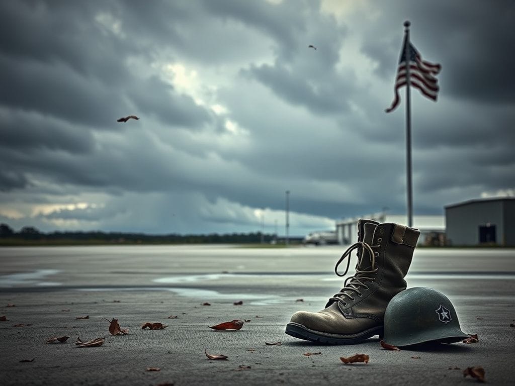 Flick International Worn-out pair of military boots on tarmac at an empty Air Force base