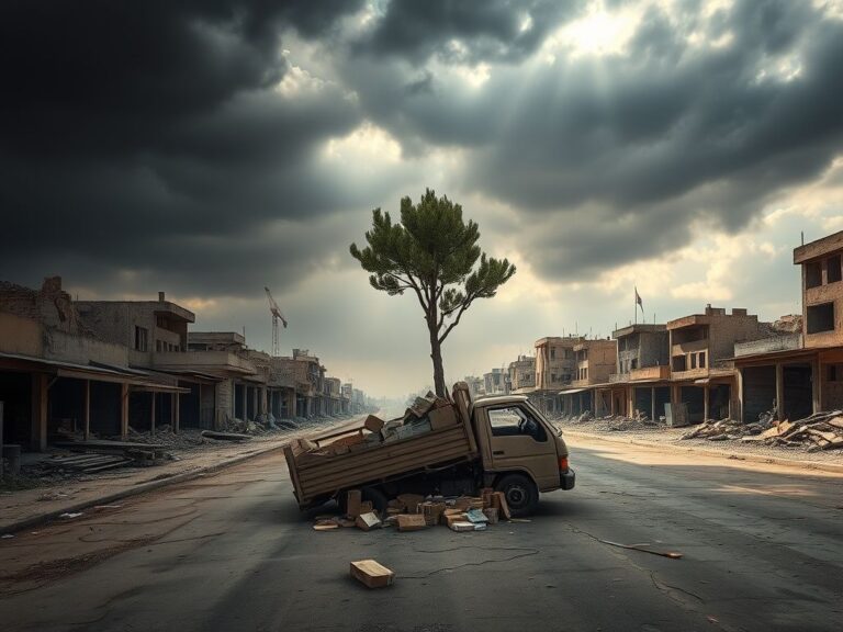 Flick International A desolate street in Gaza following a humanitarian crisis, with an abandoned food truck and unopened aid boxes