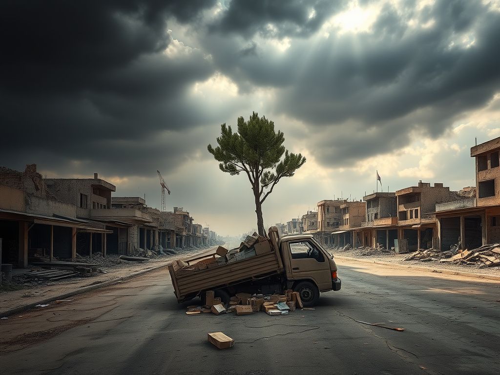 Flick International A desolate street in Gaza following a humanitarian crisis, with an abandoned food truck and unopened aid boxes