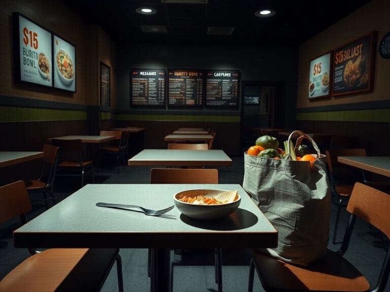 Flick International A dimly lit interior of a fast-casual restaurant with empty tables and a half-eaten burrito bowl.