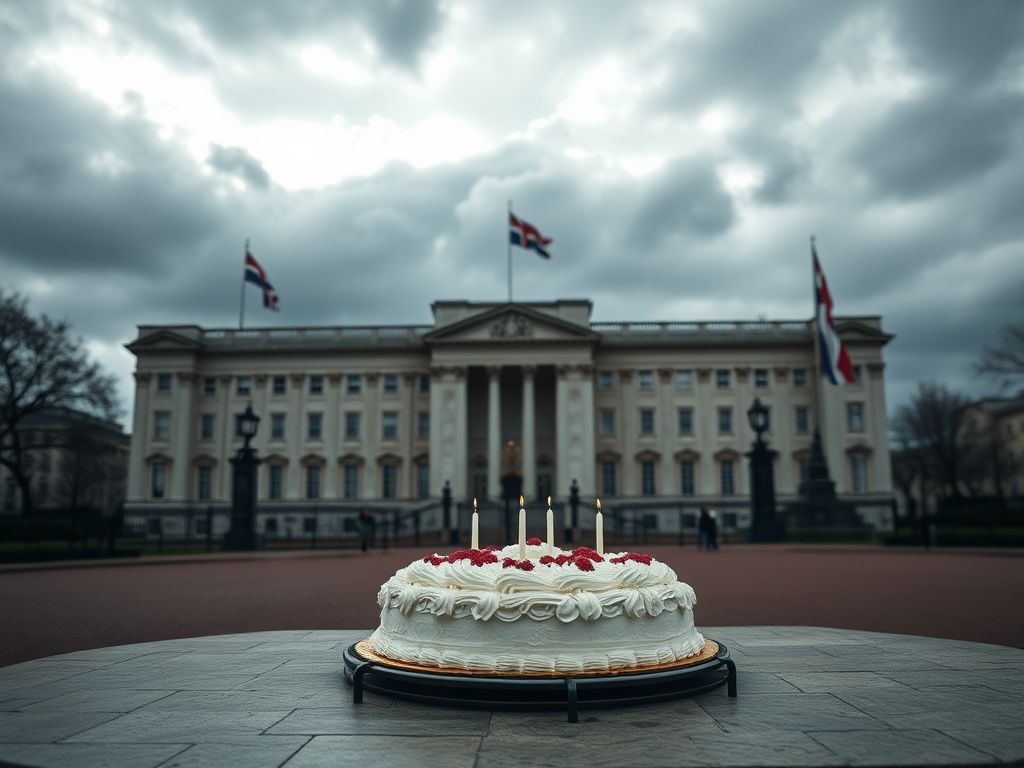 Flick International Exterior view of Buckingham Palace on a grey, overcast day with a birthday cake in the foreground