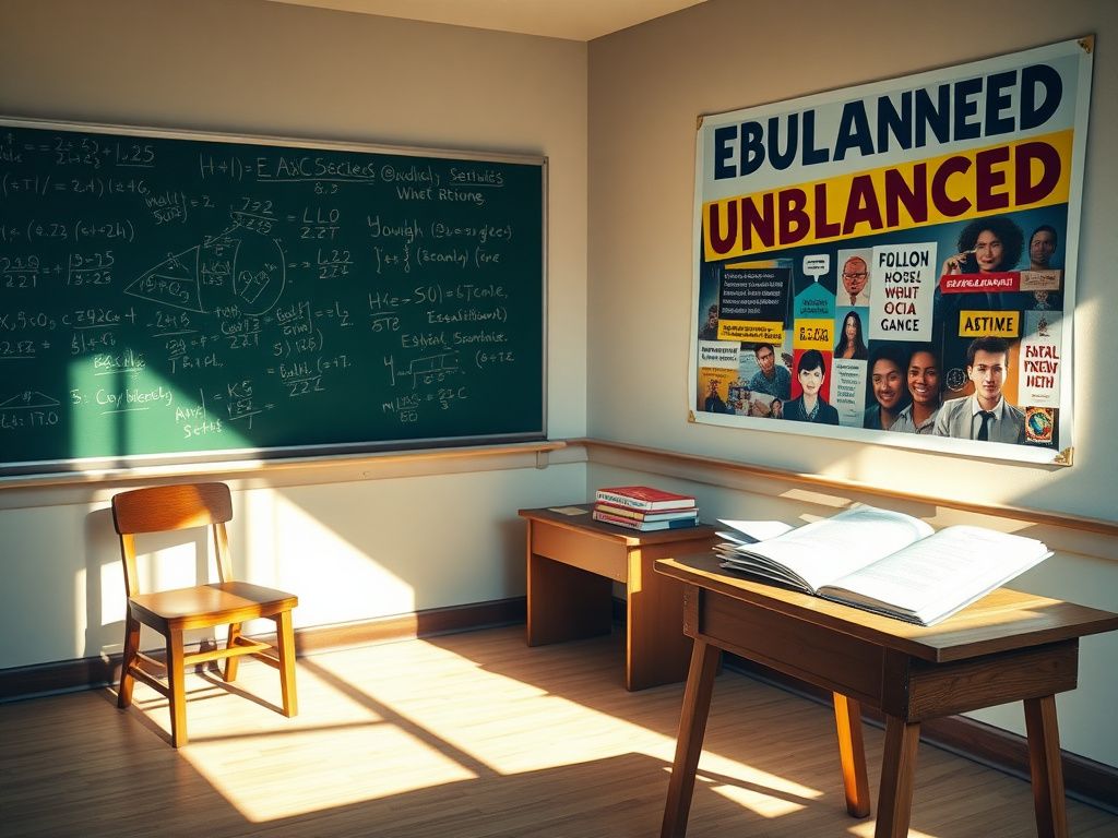 Flick International Classroom scene with mathematical equations and social justice posters