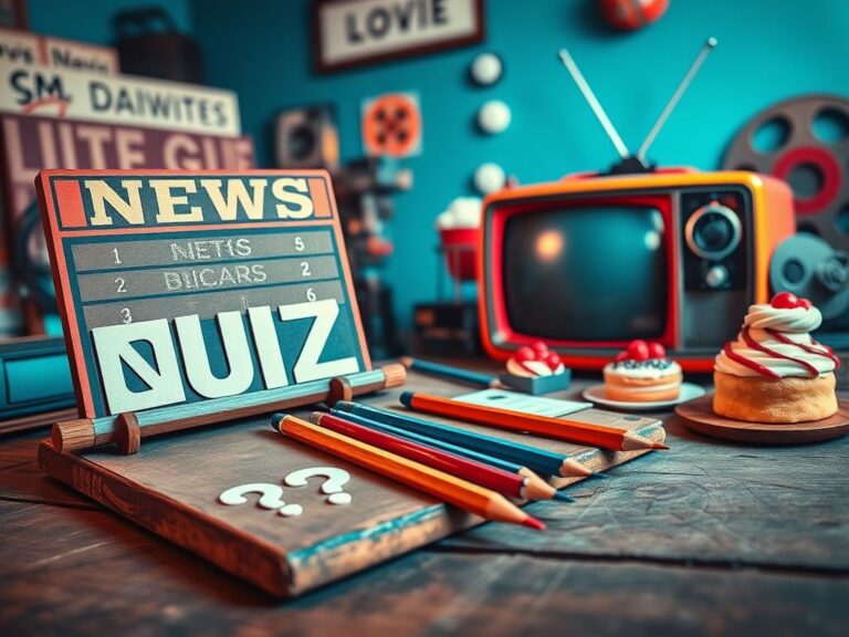 Flick International dynamic collage representing a news quiz theme with a scoreboard, question marks, and pencils on a wooden desk