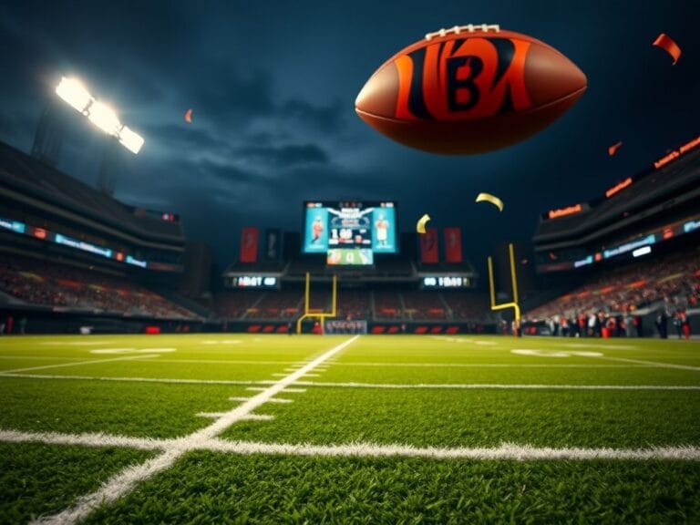 Flick International Close-up of a football soaring through the air in an illuminated Cincinnati football stadium during a game night.