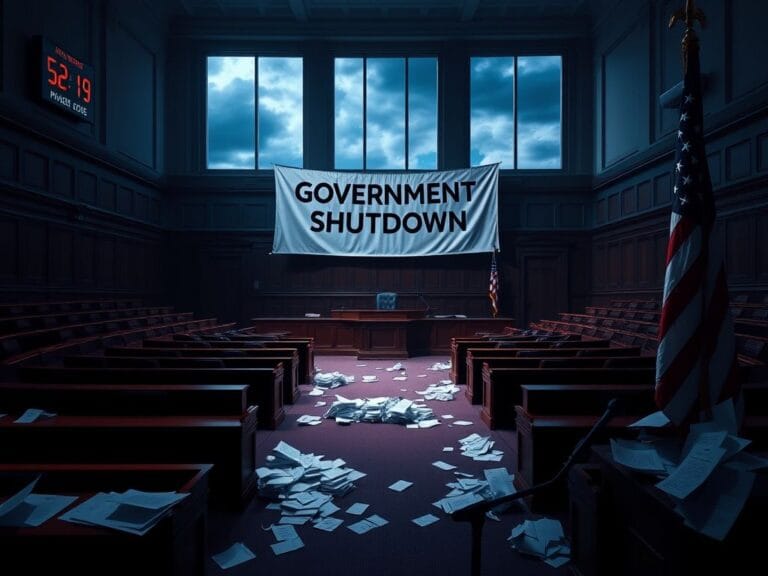 Flick International Empty legislative chamber with a 'Government Shutdown' banner