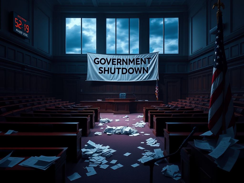 Flick International Empty legislative chamber with a 'Government Shutdown' banner