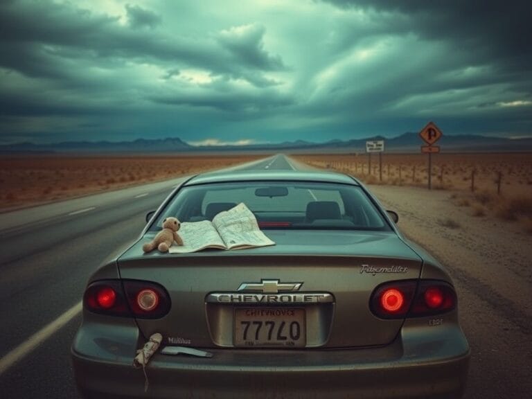 Flick International Abandoned Chevrolet Malibu on a desolate highway, emphasizing urgency and isolation