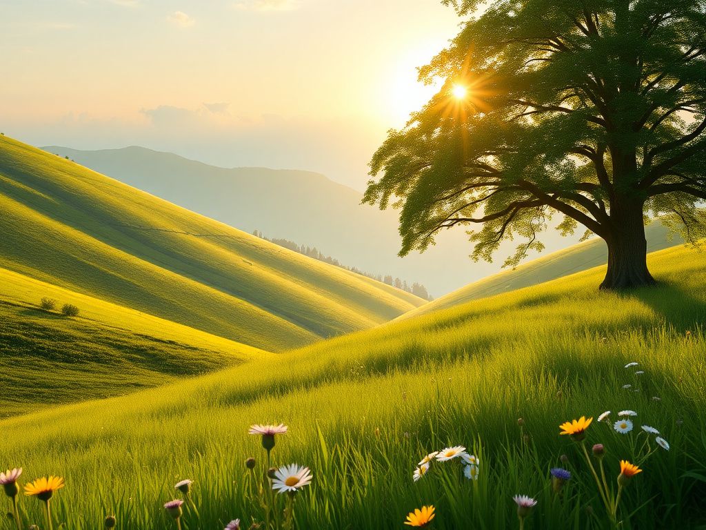 Flick International Serene landscape portraying a green valley with blooming wildflowers and a glowing tree, symbolizing health and vitality.