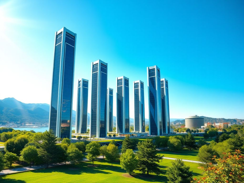 Flick International Vertical solar towers in a bright blue sky with green park foreground
