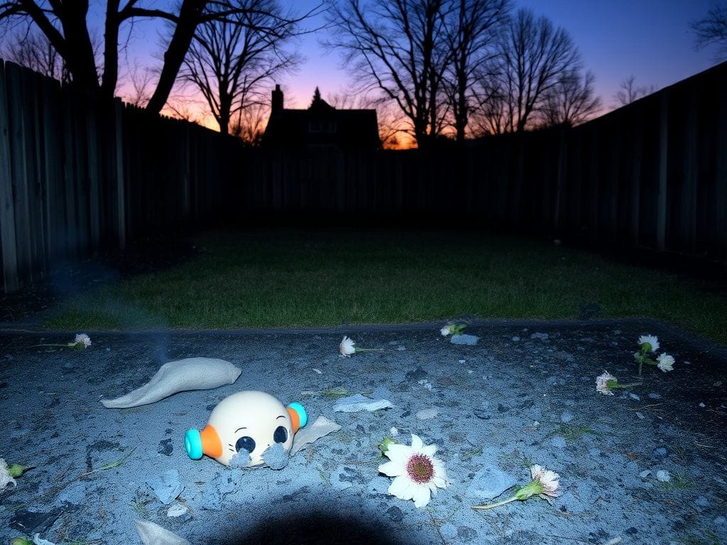 Flick International A somber suburban backyard at dusk with remnants of a recent fire, charred fence, and an abandoned child's toy symbolizing loss.