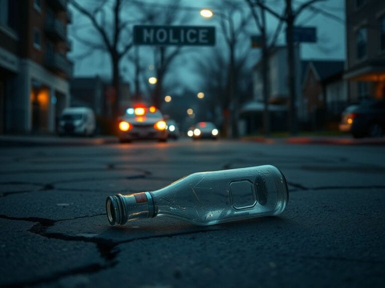 Flick International A desolate urban street scene at dusk with a cracked pavement and a shattered glass bottle, indicating a recent accident.