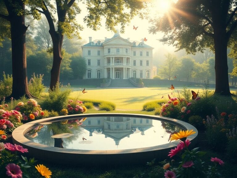 Flick International A serene garden with a reflection pool, vibrant flowers, and fluttering butterflies symbolizing rebirth and hope.