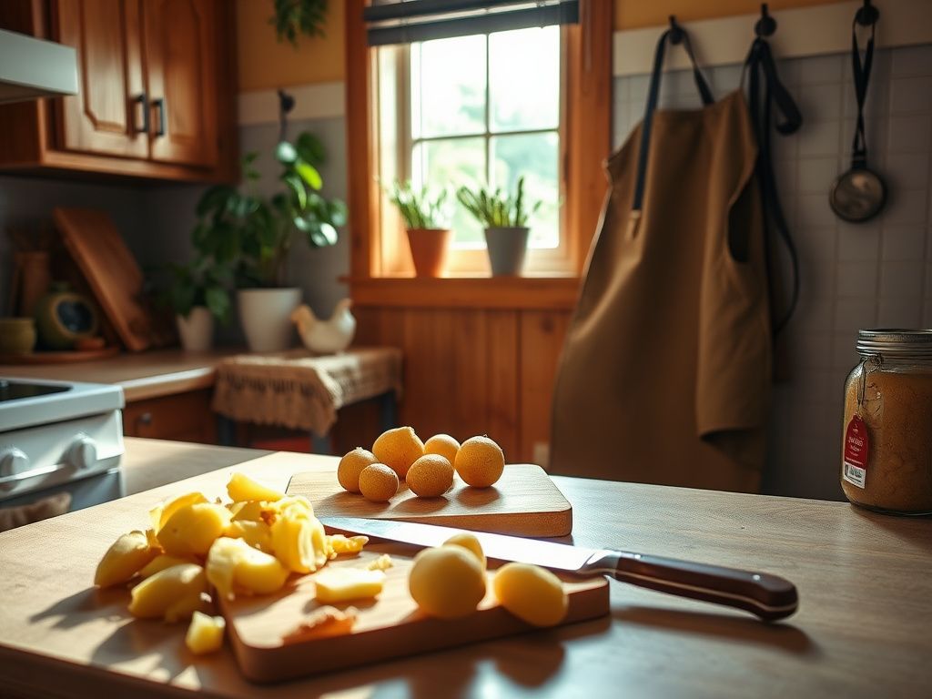 Flick International A woman cooking in a warm kitchen with work clothes and a well-used apron.