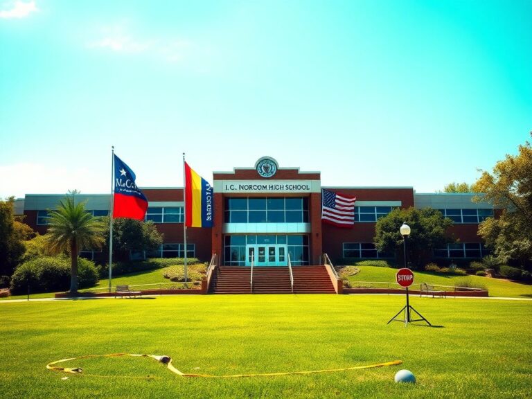 Flick International Exterior view of I.C. Norcom High School showcasing political rally setup
