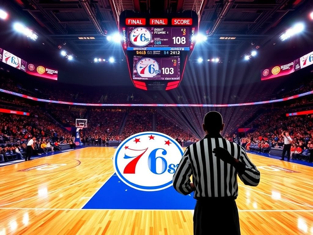 Flick International Artistic representation of Joel Embiid's 'crotch chop' on a vibrant basketball court