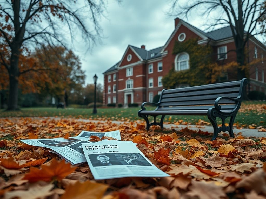 Flick International Quaint autumn campus scene at Beloit College with protest flyers scattered on the ground