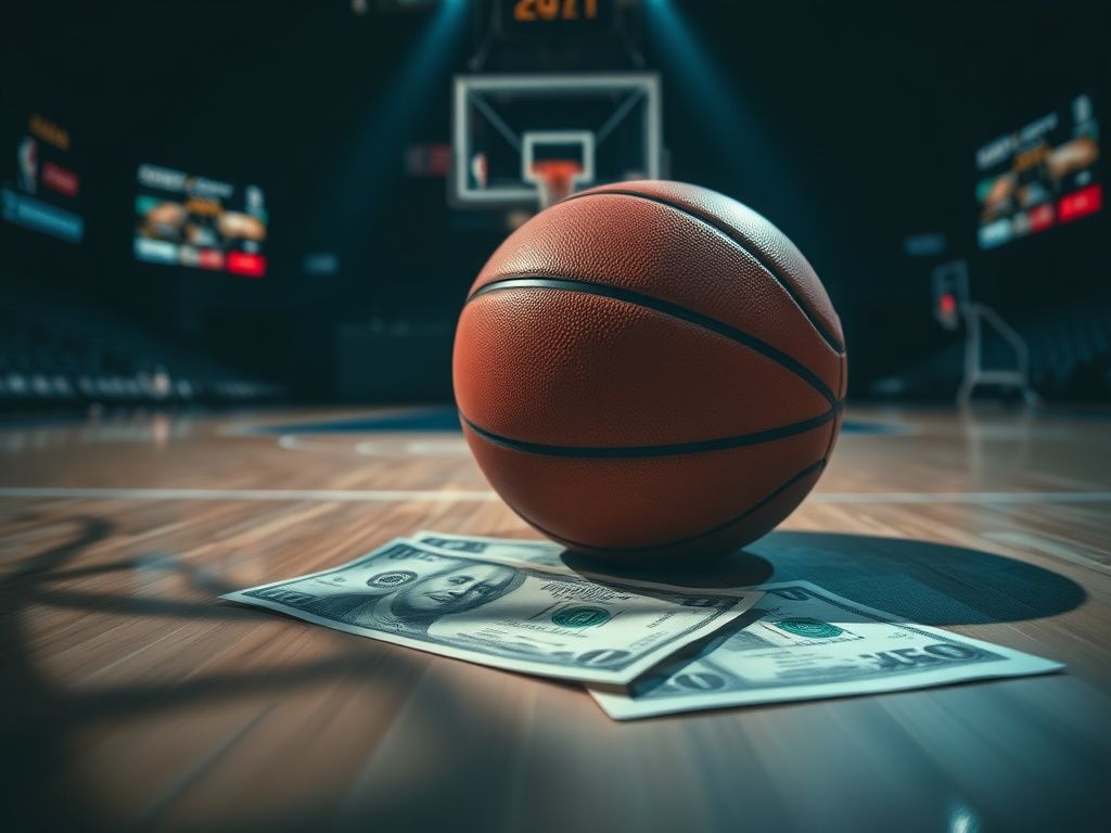 Flick International Close-up of a basketball resting on a betting slip with dollar bills