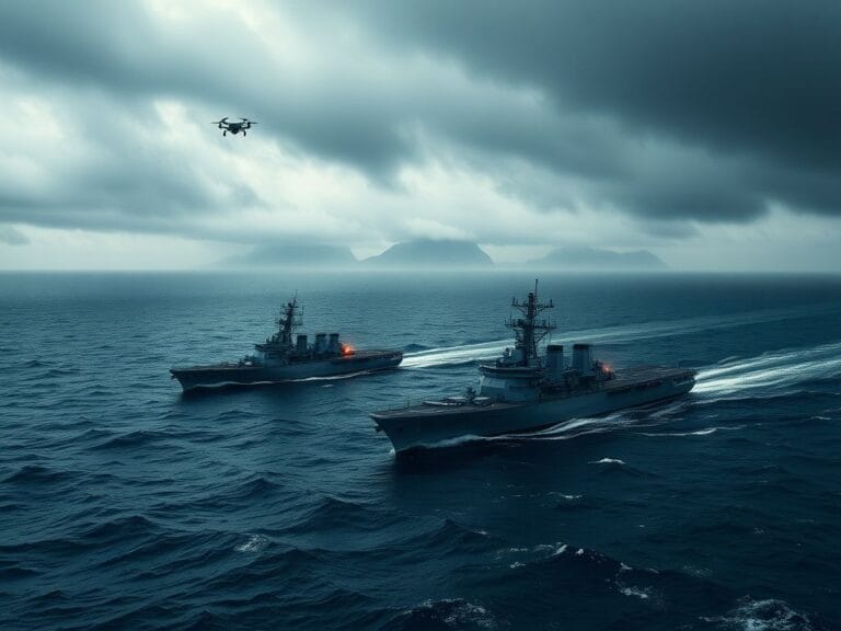 Flick International Aerial view of naval warships in turbulent ocean symbolizing military readiness against narco-terrorism