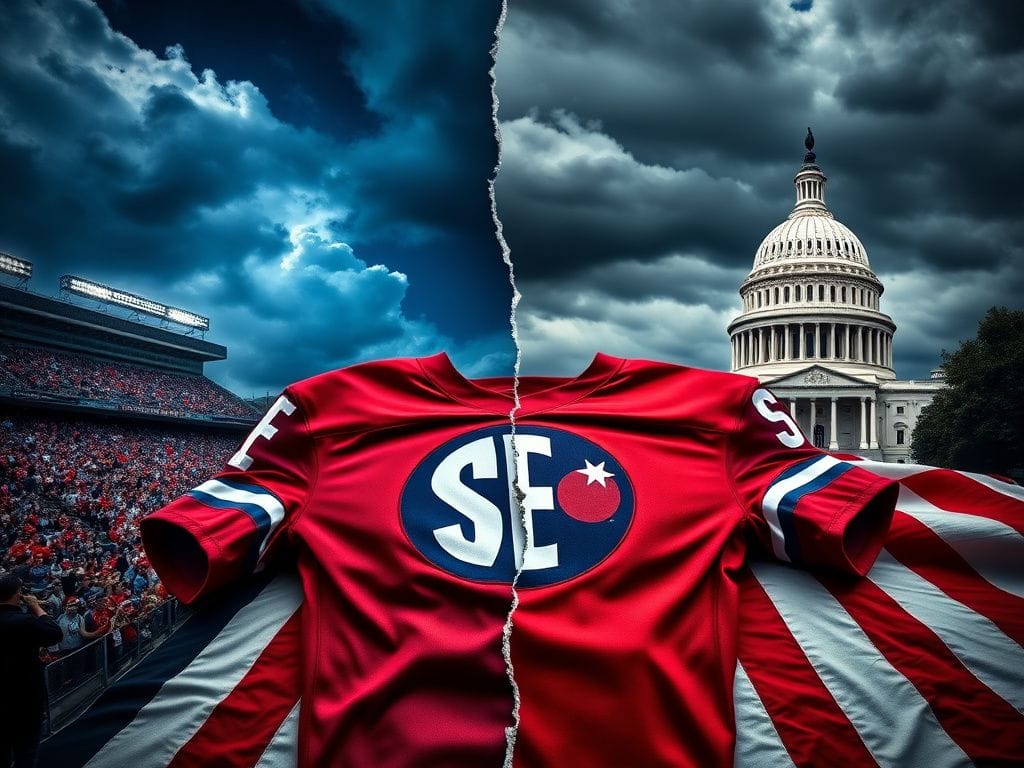 Flick International A split scene showing a vibrant college football stadium and a somber U.S. Capitol building, representing the clash between sports and politics.