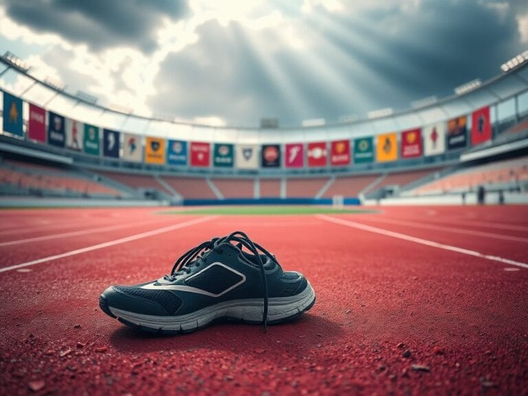 Flick International Empty athletic track with worn-out shoes symbolizing female athletes' dedication