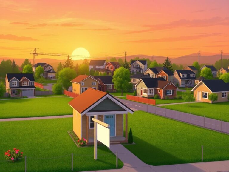Flick International Serene suburban landscape at sunset featuring cozy homes and a 'For Sale' sign