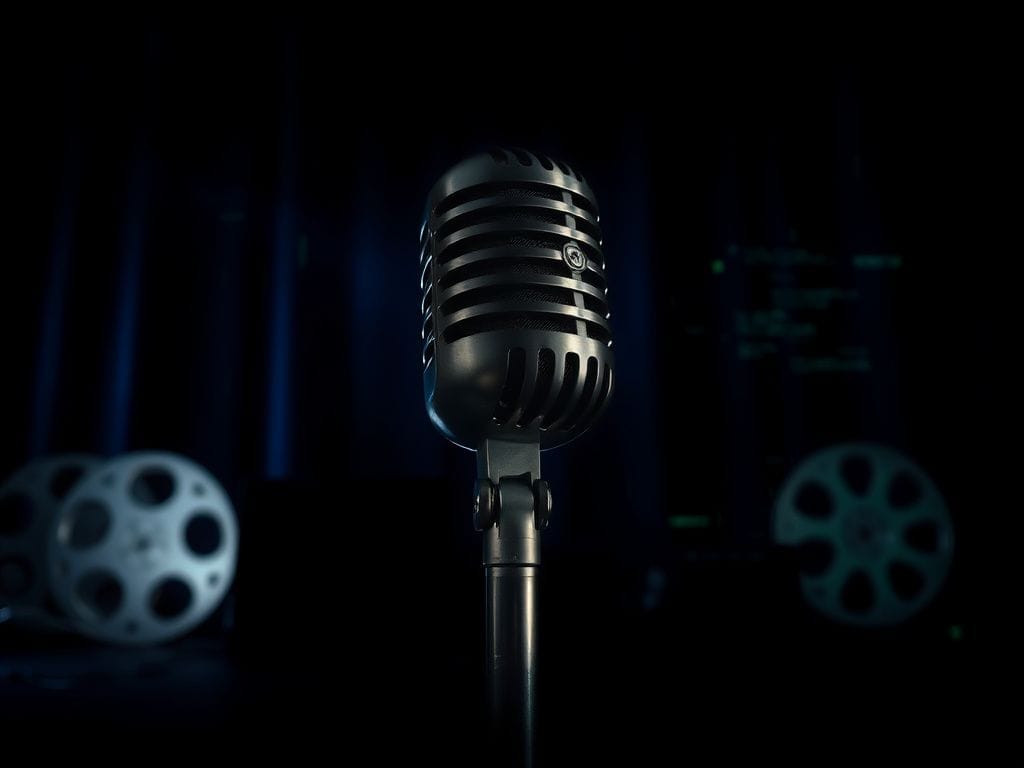 Flick International Close-up of an old-fashioned microphone on a darkened stage symbolizing voice acting