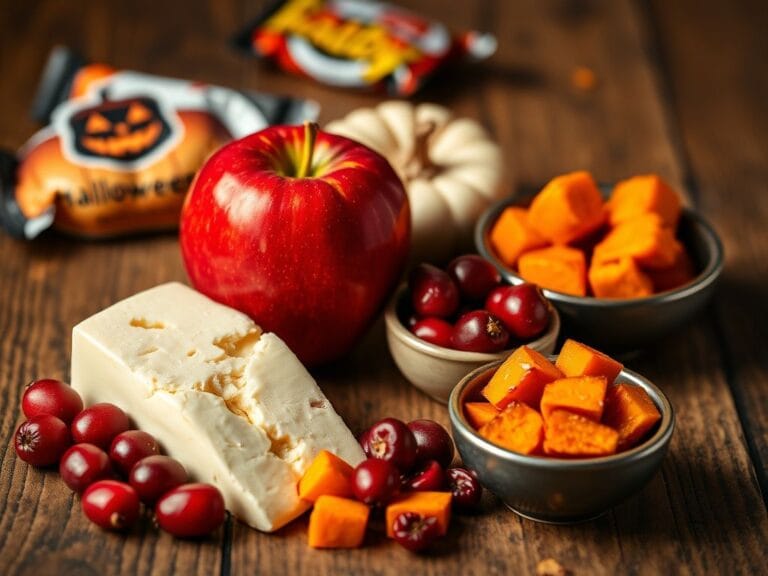 Flick International A visually appealing arrangement of an apple, cheese, cranberries, and pumpkin cubes on a rustic wooden table promoting dental health.