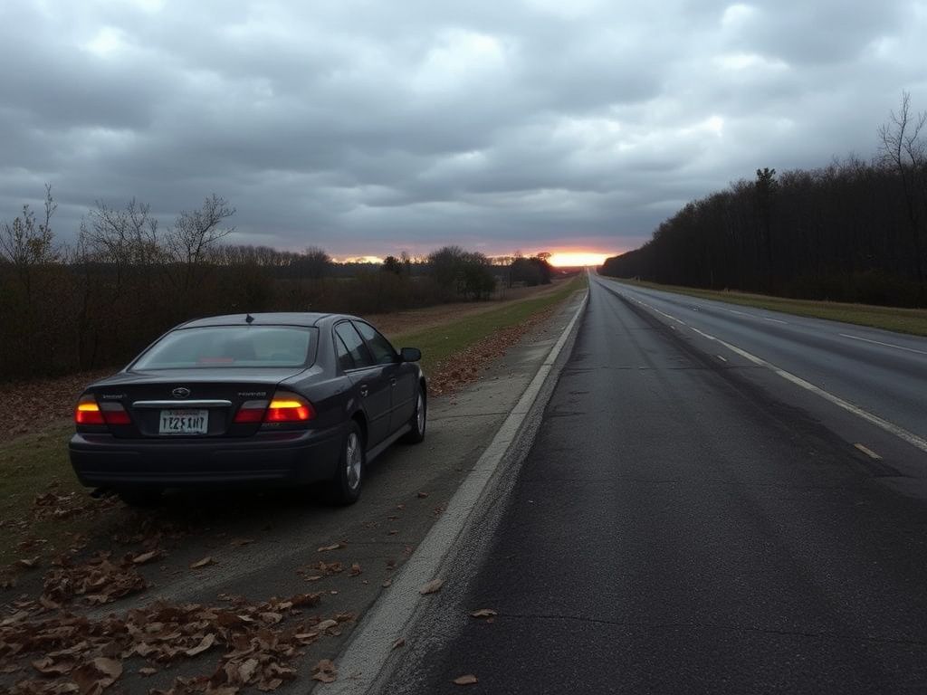Flick International A parked car with hazard lights on, surrounded by autumn leaves on a quiet highway in Illinois.