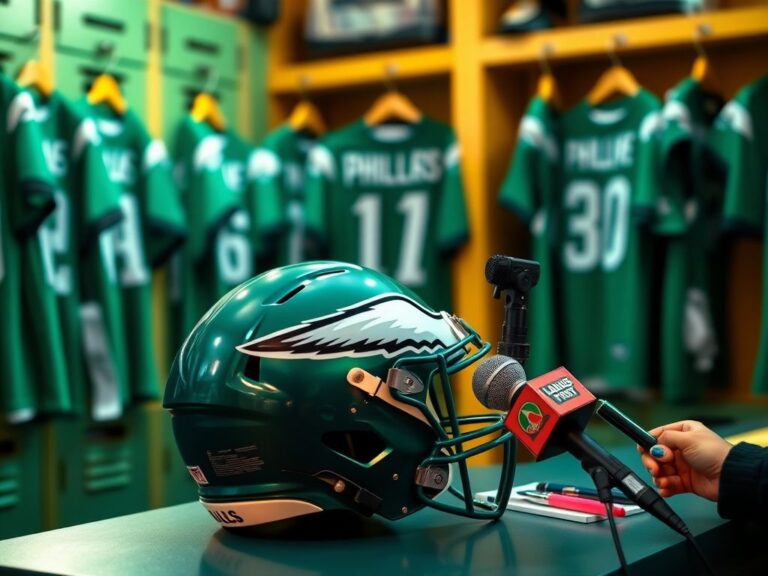 Flick International NFL locker room scene with jerseys and Eagles helmet, highlighting respect and equality
