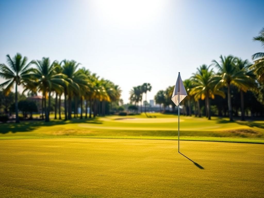 Flick International Well-manicured putting green at Pelican Golf Club under a bright blue sky