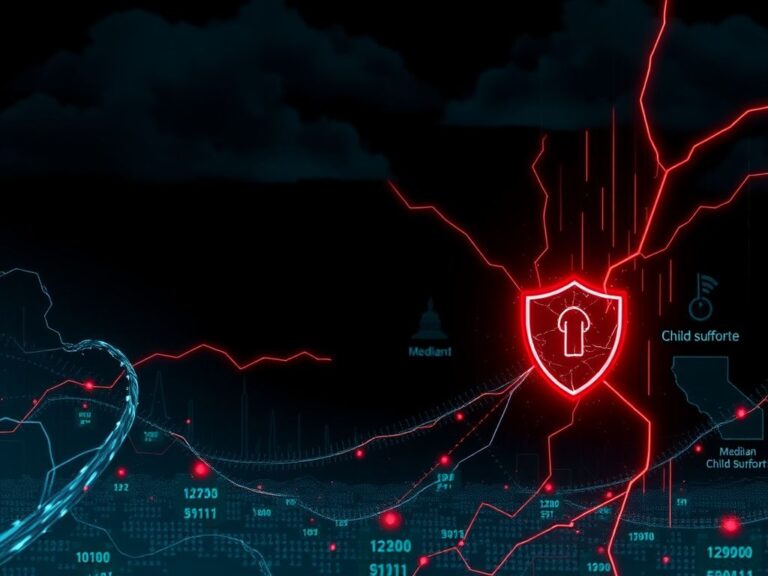 Flick International Dark abstract digital landscape symbolizing a cyber attack with fragmented data streams and a broken shield