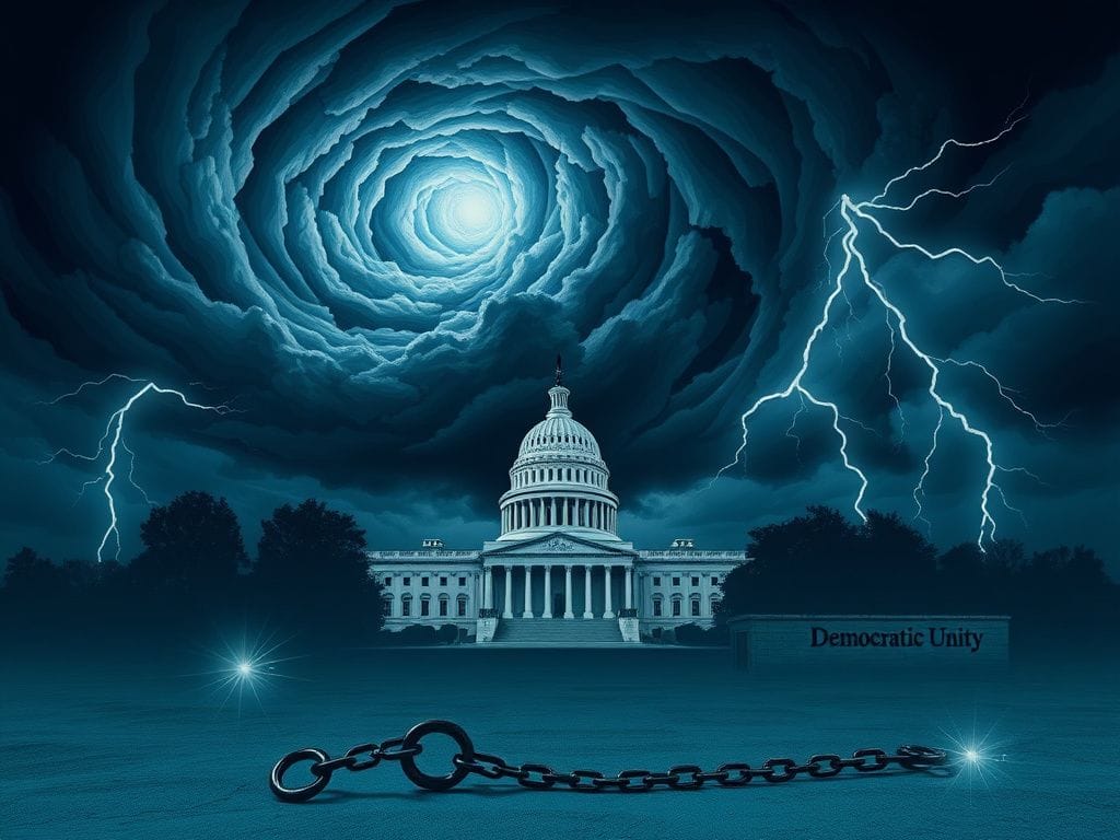 Flick International Stormy political landscape with dark clouds and an empty Capitol building symbolizing government dysfunction