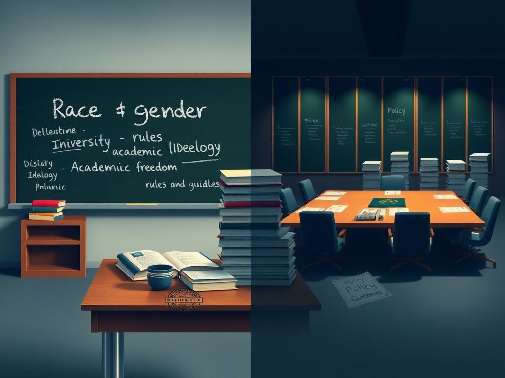 Flick International A split scene contrasting a university classroom focused on race and gender discussions and an academic boardroom setting with policy documents.