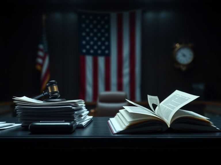 Flick International Empty prosecutor's desk in a somber courtroom setting with legal documents and a gavel