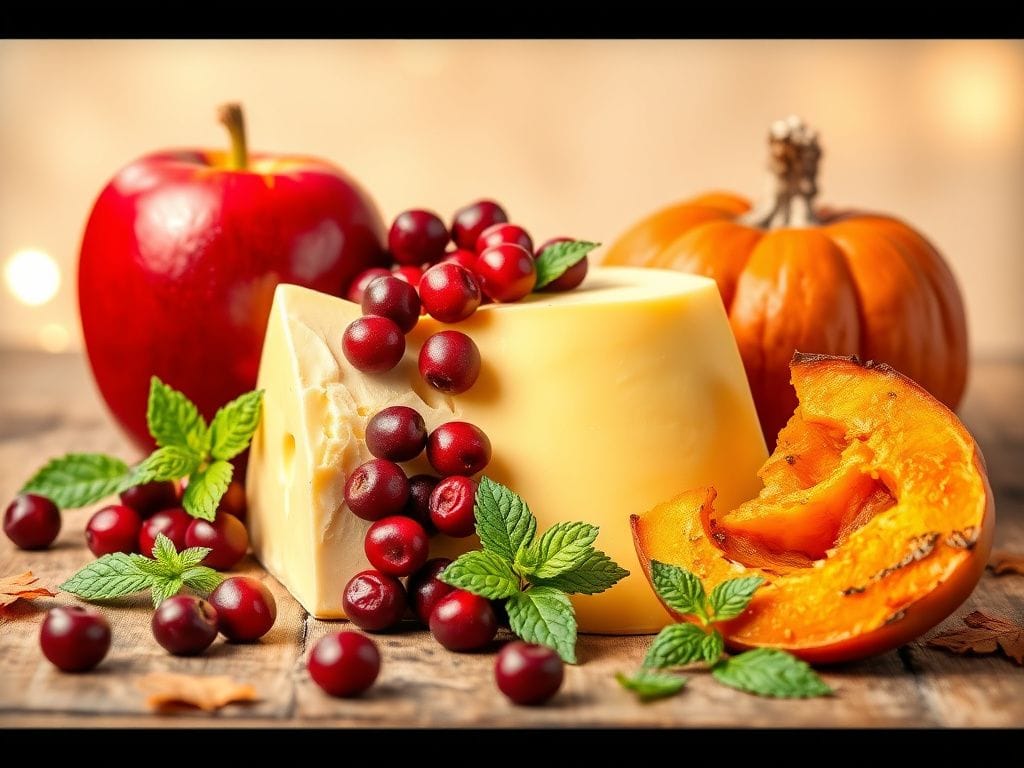 Flick International A vibrant still-life featuring a red apple, creamy cheese, unsweetened cranberries, and roasted pumpkin arranged artistically on a rustic wooden table.