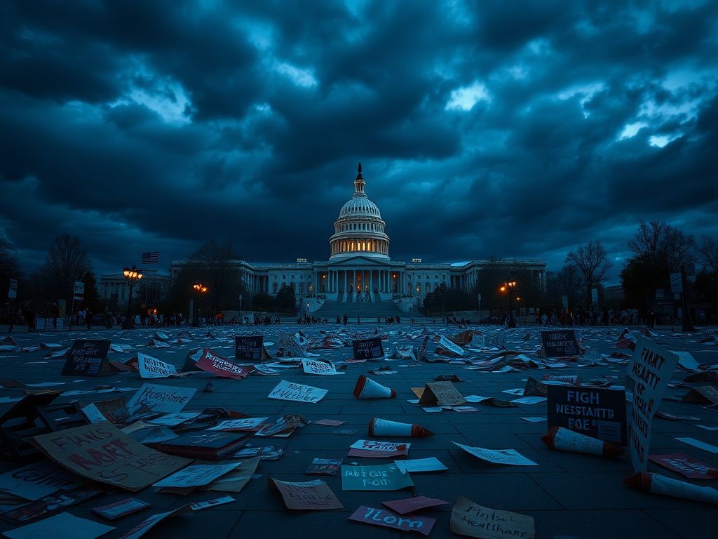 Flick International A dramatic urban landscape at dusk with an empty square filled with remnants of protest signs advocating for healthcare reform.