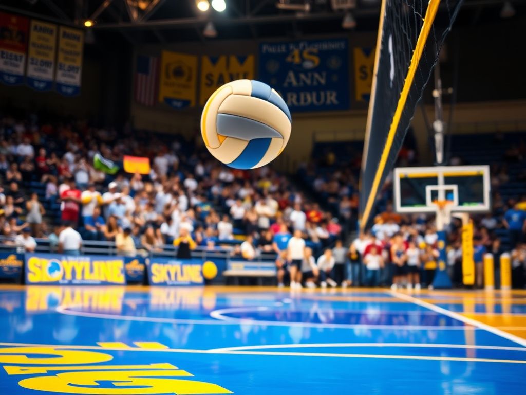 Flick International Indoor volleyball court with a volleyball in mid-air and vibrant blue and gold colors of Ann Arbor Skyline team