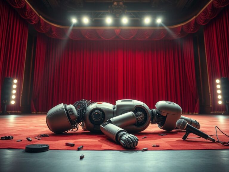 Flick International Humanoid robot faceplanting on stage amidst fallen components