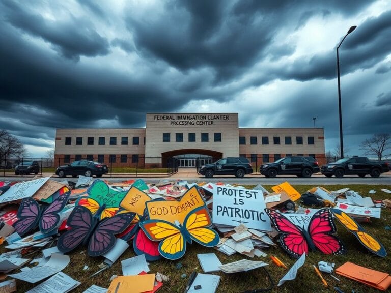 Flick International Colorful protest signs scattered on the ground outside the Chicago immigration facility during a protest.