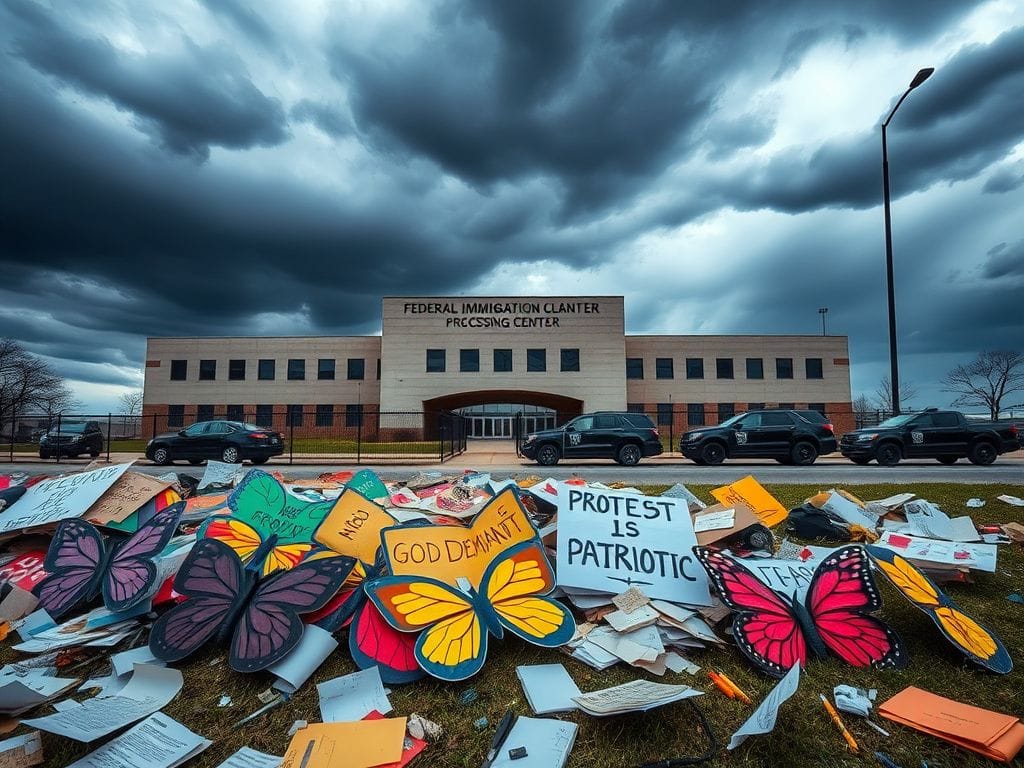 Flick International Colorful protest signs scattered on the ground outside the Chicago immigration facility during a protest.
