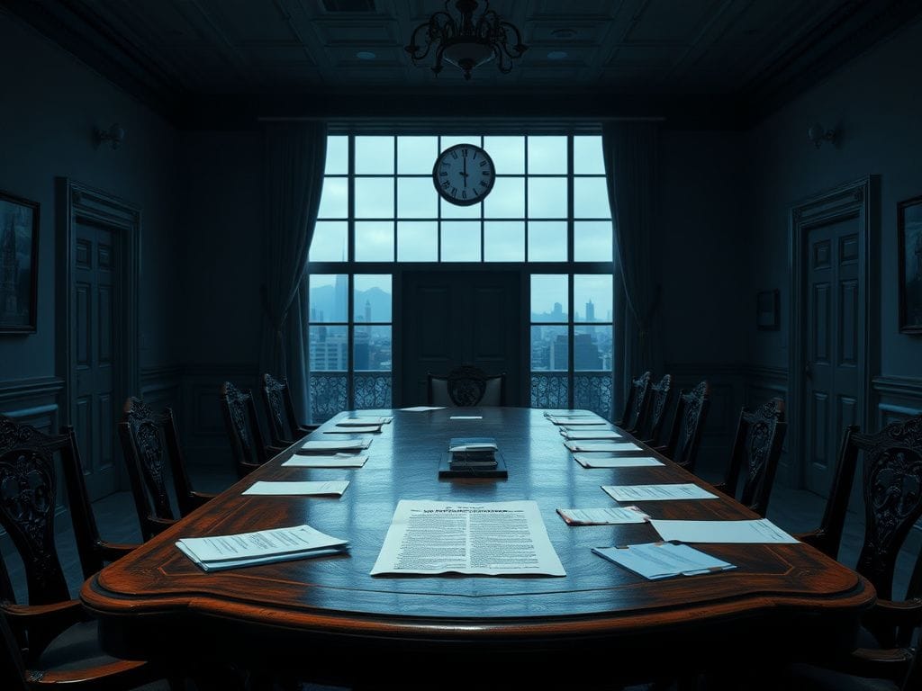 Flick International A tense, dimly lit negotiation room with an ornate wooden table surrounded by empty chairs and scattered documents