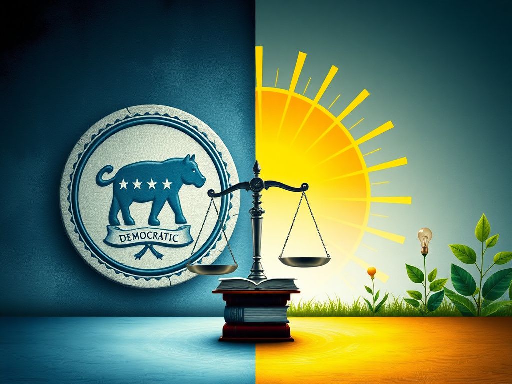 Flick International Abstract representation of political debate contrasting traditional democratic leadership with youthful energy.