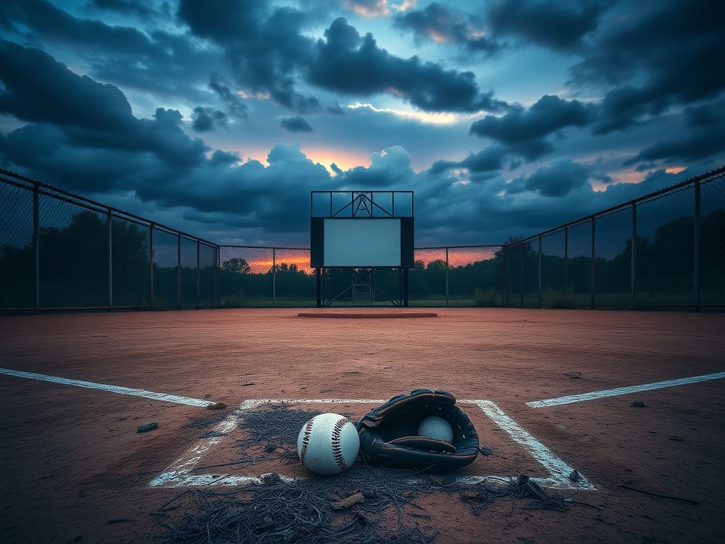 Flick International A weathered baseball field at twilight with a worn glove and a buried baseball