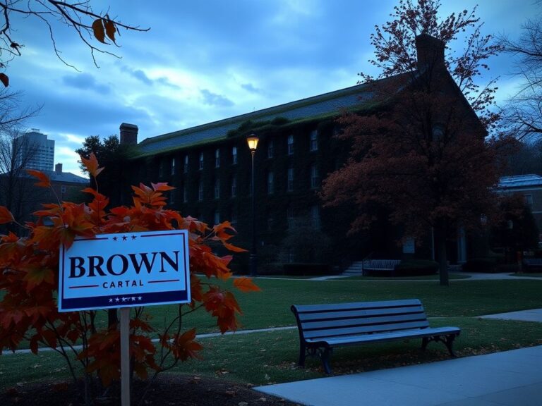 Flick International Evening view of Brown University showcasing ivy-covered buildings and muted political symbols.