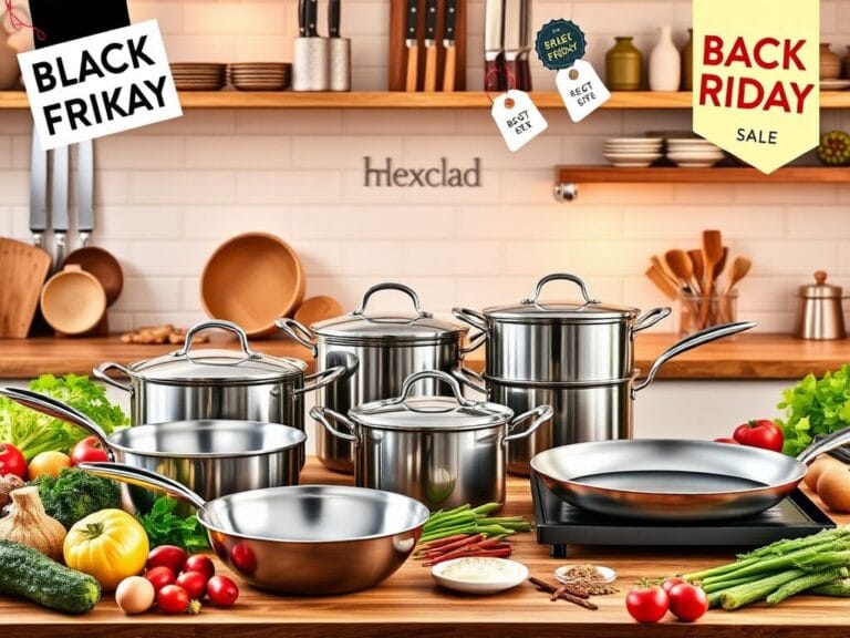 Flick International A beautifully arranged kitchen scene featuring high-quality cookware from HexClad including stainless steel pots, pans, and a stylish wok.