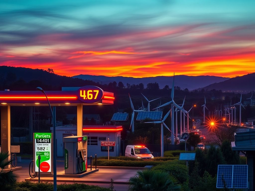 Flick International Modern gas station illuminated at twilight with $4.67 per gallon gas price and clean energy sources