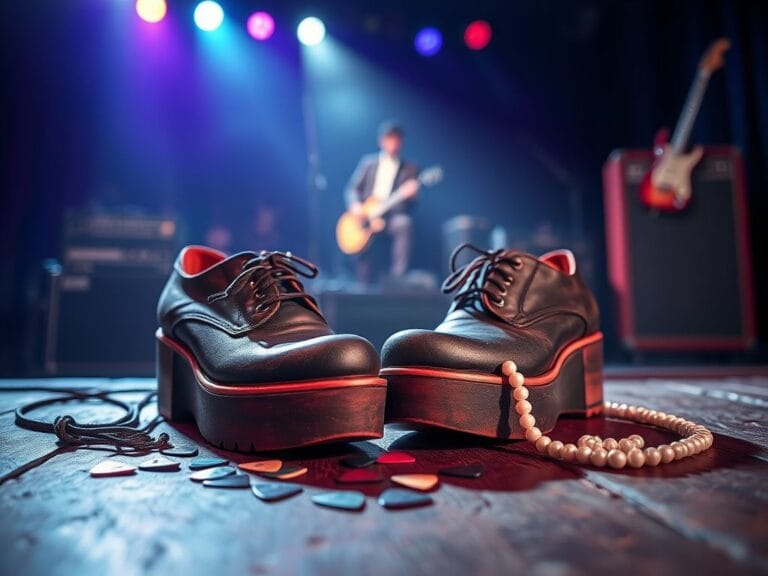 Flick International Close-up of iconic rock 'n' roll platform shoes on a weathered wooden stage